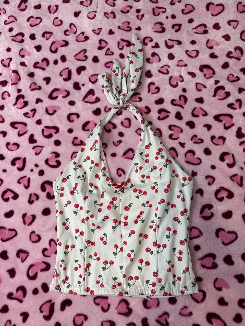 Cute White Cherry-Print Halter Cami Top